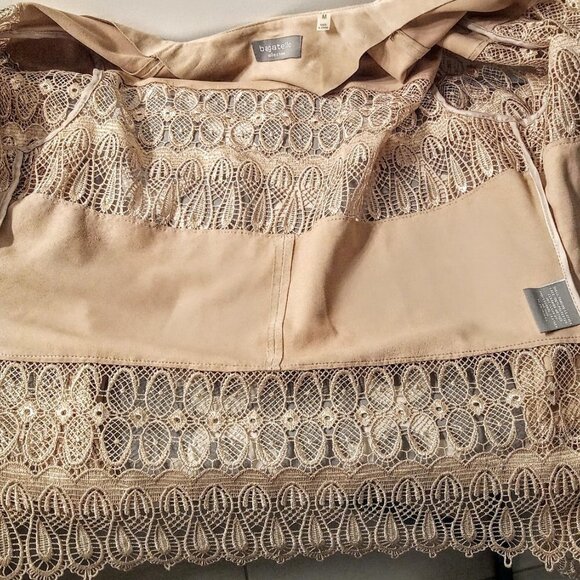 Bagatelle Beige Suede Leather Lace Crochet Jacket - Picture 4 of 6